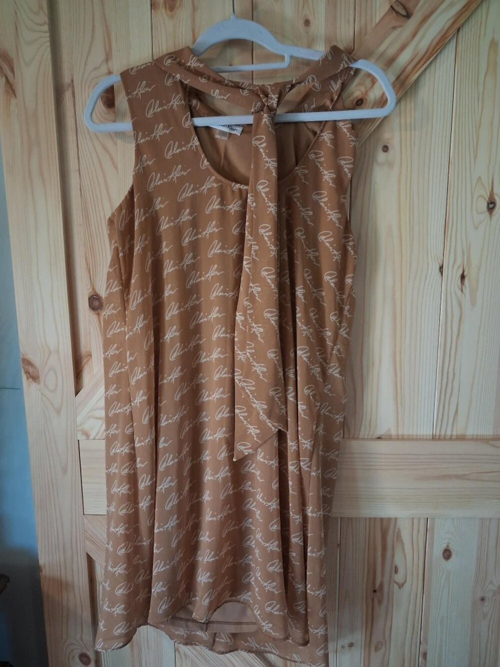 Calvin Klein Blouse Size 8 Brown Logo Print Sleeveless Tie Neck Career Dress